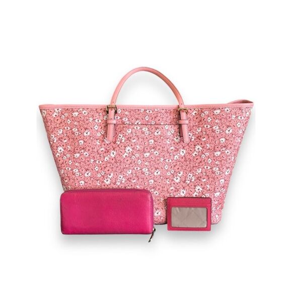 Michael Kors Large Travel Jet Set Carry All Tote, Magenta Wallet & Card Holder - Picture 3 of 16